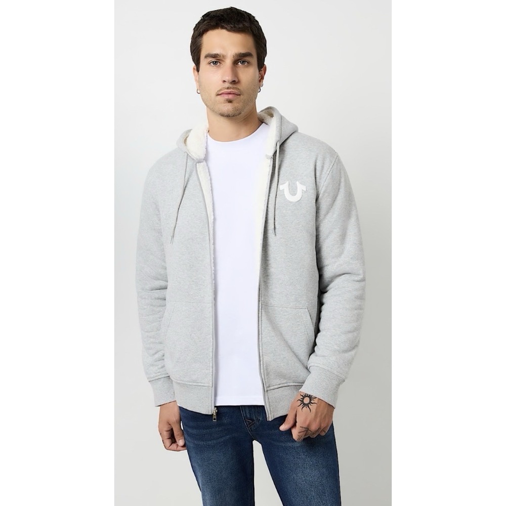 True Religion Sherpa Print Logo Seal Full Zip Hoodie in heather grey Size Large